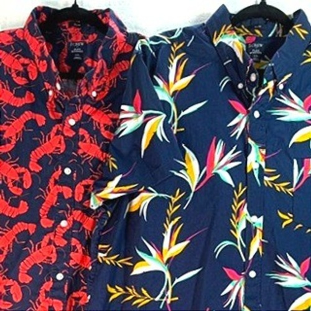J. Crew Button Down Shirts Men XXL Navy Blue Lobster Tropical Slim Fit 2 Pack